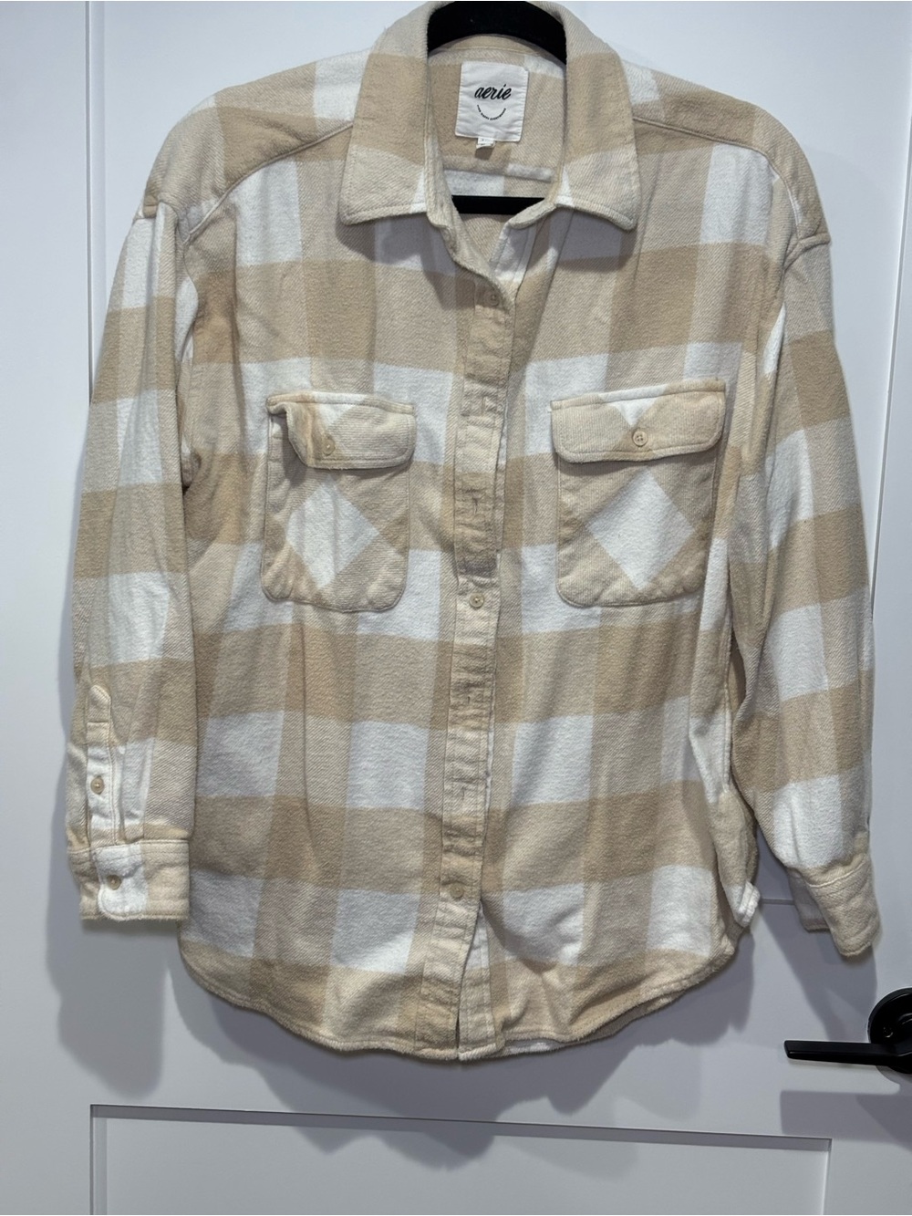 Aerie LumberJane Flannel Shirt Soft Oat Plaid Small Oversized Shacket Fall